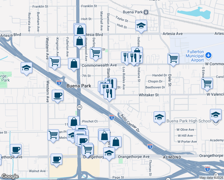 map of restaurants, bars, coffee shops, grocery stores, and more near 8042 8th Street in Buena Park