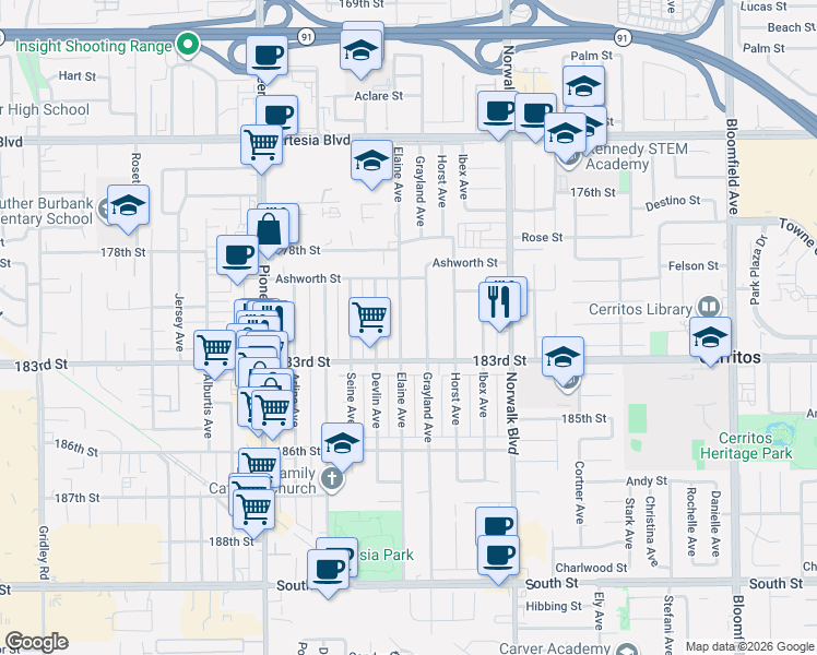 map of restaurants, bars, coffee shops, grocery stores, and more near 18027 Elaine Avenue in Artesia