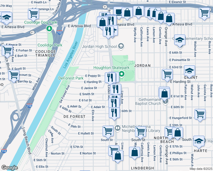 map of restaurants, bars, coffee shops, grocery stores, and more near 12 East Janice Street in Long Beach