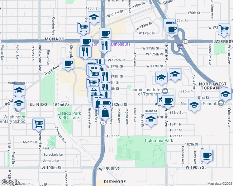 map of restaurants, bars, coffee shops, grocery stores, and more near 4243 West 181st Street in Torrance