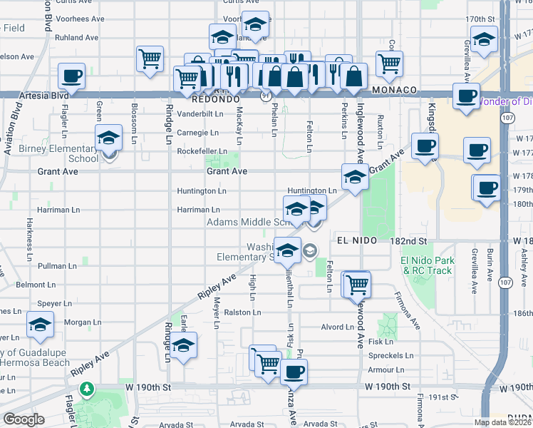map of restaurants, bars, coffee shops, grocery stores, and more near 2422 Harriman Lane in Redondo Beach
