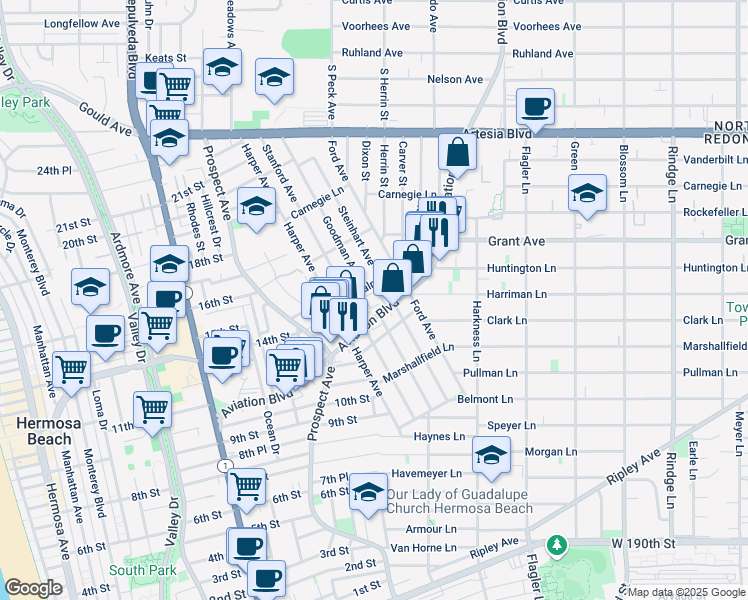 map of restaurants, bars, coffee shops, grocery stores, and more near 1016 Palm Lane in Redondo Beach