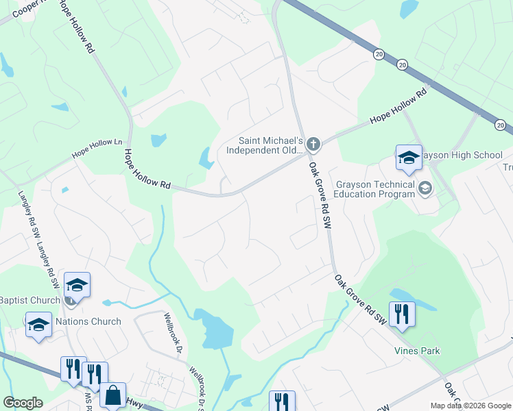 map of restaurants, bars, coffee shops, grocery stores, and more near 300 Hope Hollow Road in Loganville