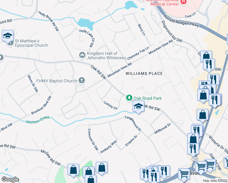 map of restaurants, bars, coffee shops, grocery stores, and more near 1847 Oak Road Southwest in Snellville