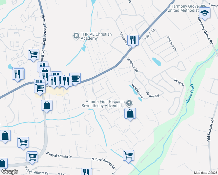 map of restaurants, bars, coffee shops, grocery stores, and more near 6185 Bellewood Ash Northwest Lane in Tucker