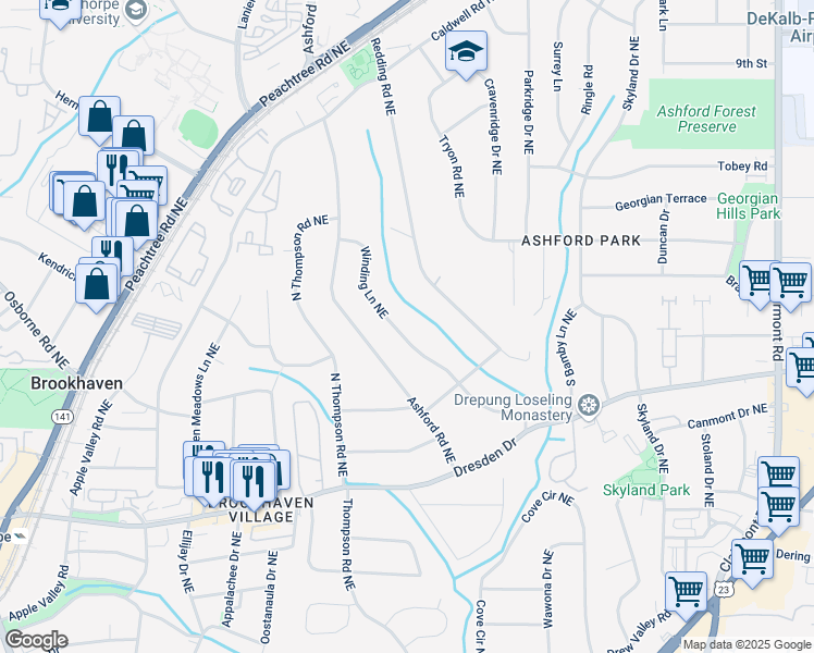map of restaurants, bars, coffee shops, grocery stores, and more near 2711 Winding Lane Northeast in Atlanta