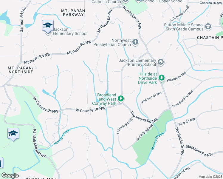 map of restaurants, bars, coffee shops, grocery stores, and more near 725 West Conway Drive Northwest in Atlanta