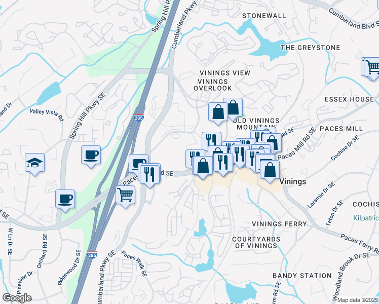 map of restaurants, bars, coffee shops, grocery stores, and more near 3474 Dryden Lane in Atlanta
