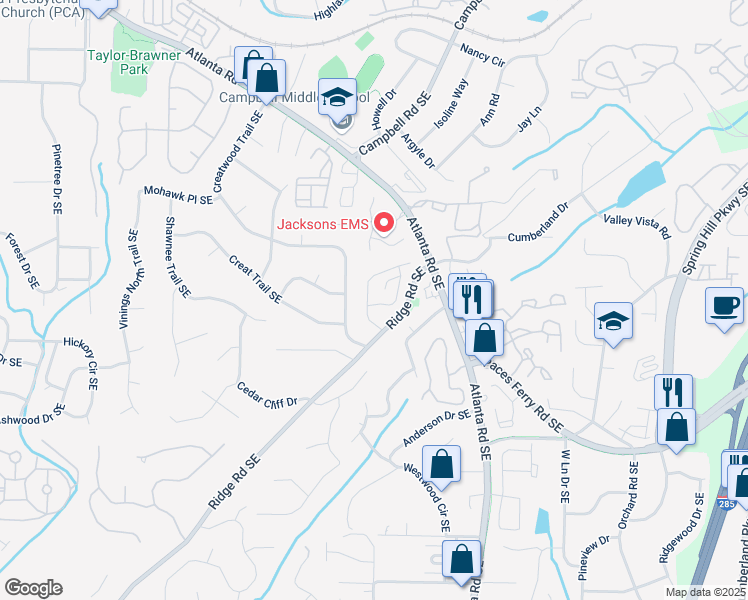 map of restaurants, bars, coffee shops, grocery stores, and more near 2014 Ivy Ridge Road Southeast in Smyrna