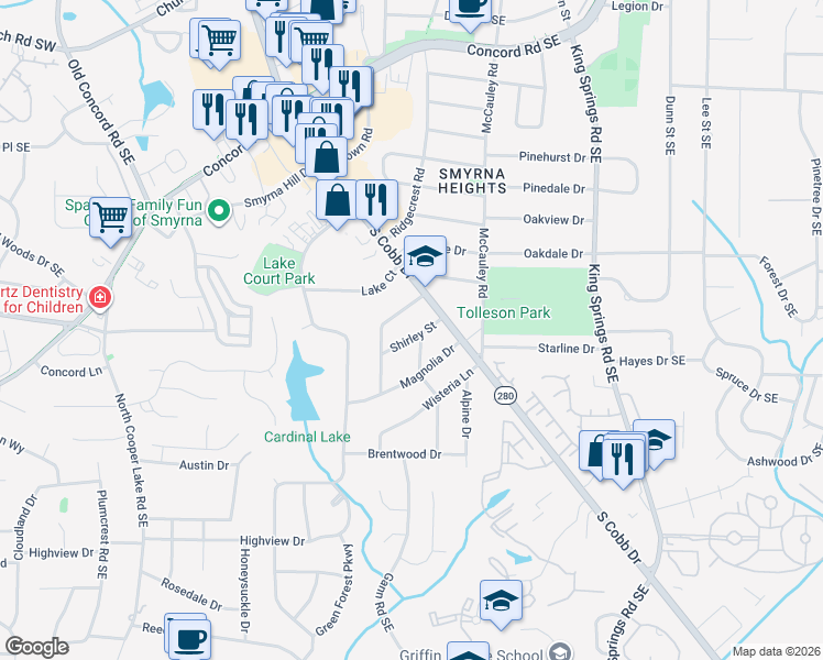 map of restaurants, bars, coffee shops, grocery stores, and more near 3539 Westbrook Drive in Smyrna