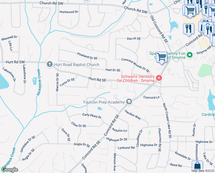 map of restaurants, bars, coffee shops, grocery stores, and more near 1400 Springbrook Trail in Smyrna