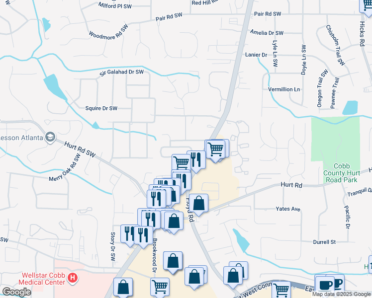 map of restaurants, bars, coffee shops, grocery stores, and more near 1558 Park Brooke Circle Southwest in Marietta