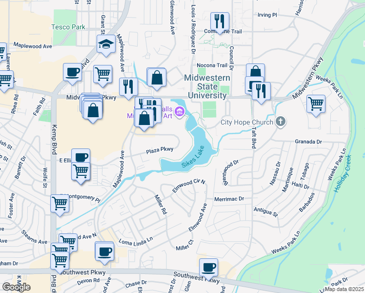 map of restaurants, bars, coffee shops, grocery stores, and more near 2649 Plaza Parkway in Wichita Falls