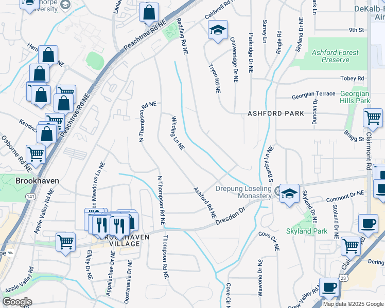 map of restaurants, bars, coffee shops, grocery stores, and more near 2711 Winding Lane Northeast in Atlanta