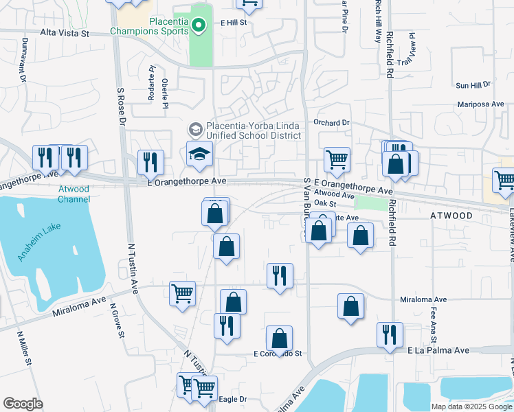 map of restaurants, bars, coffee shops, grocery stores, and more near 1562 Topeka Avenue in Placentia