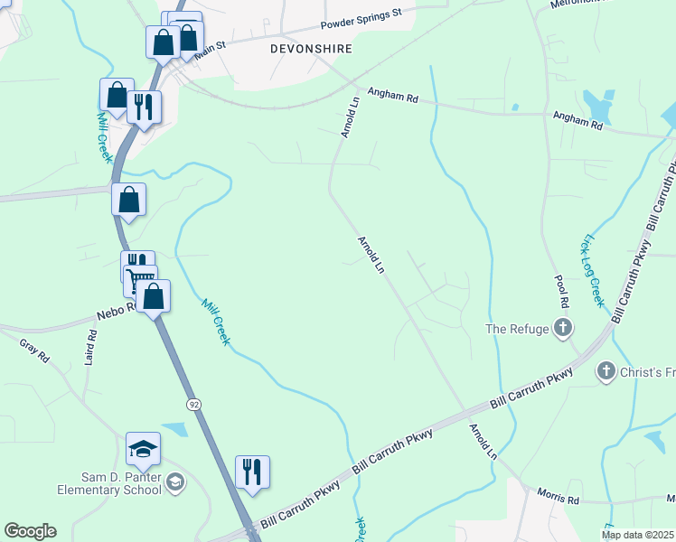 map of restaurants, bars, coffee shops, grocery stores, and more near 85 Paris Circle in Hiram