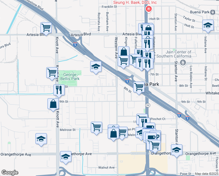 map of restaurants, bars, coffee shops, grocery stores, and more near 7432 8th Street in Buena Park