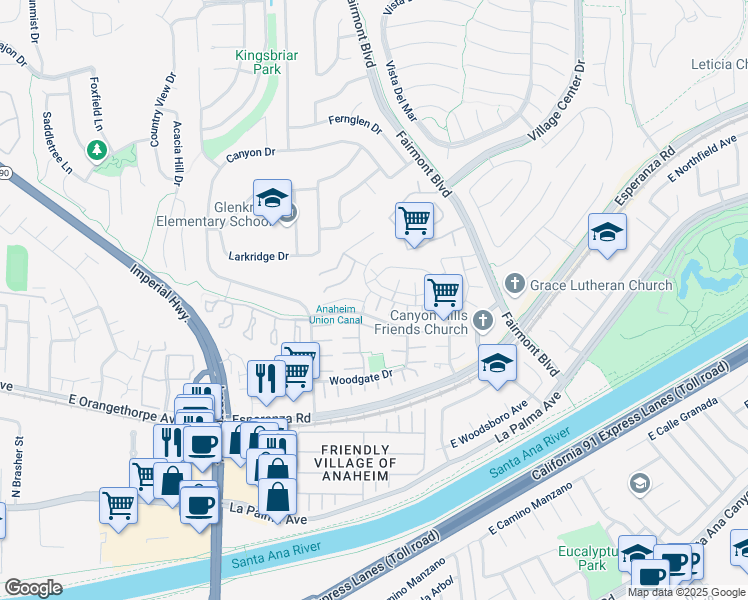 map of restaurants, bars, coffee shops, grocery stores, and more near 6443 Olive Branch Lane in Yorba Linda