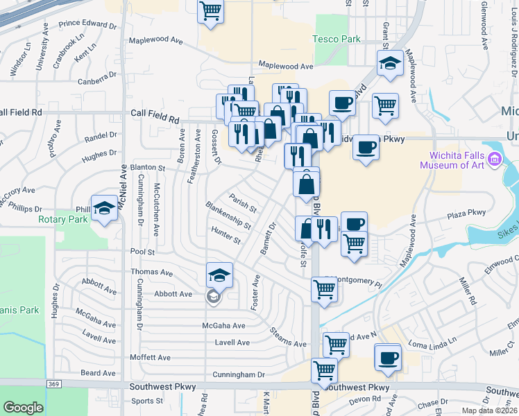 map of restaurants, bars, coffee shops, grocery stores, and more near 4306 Faith Road in Wichita Falls