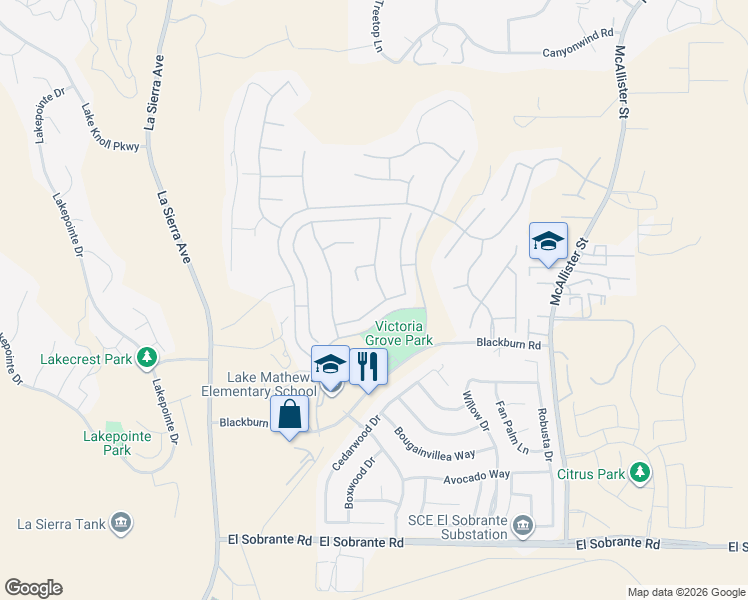 map of restaurants, bars, coffee shops, grocery stores, and more near 12396 Mesa Grove Drive in Riverside