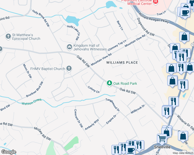map of restaurants, bars, coffee shops, grocery stores, and more near 1847 Oak Road Southwest in Snellville