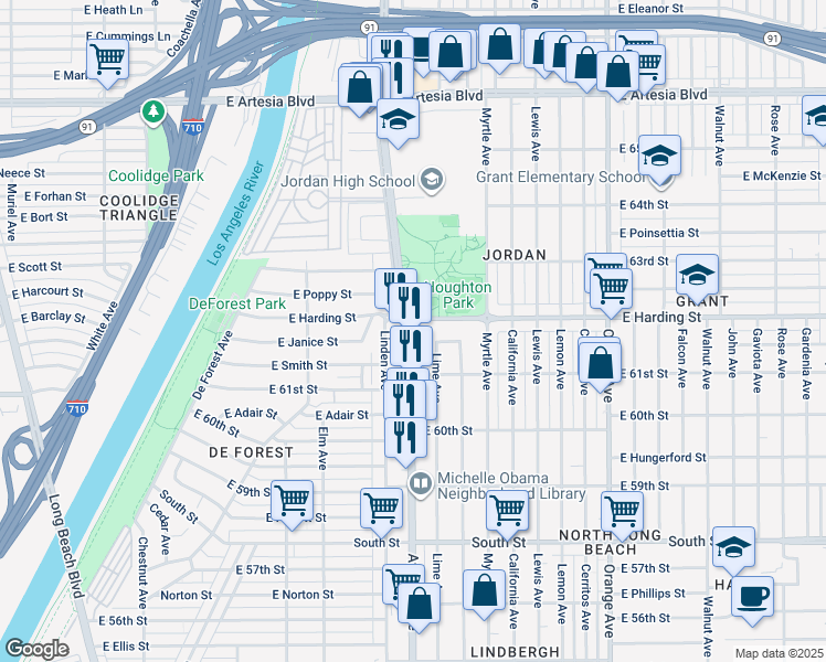 map of restaurants, bars, coffee shops, grocery stores, and more near in Long Beach