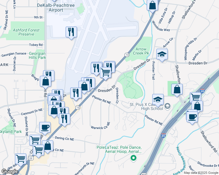 map of restaurants, bars, coffee shops, grocery stores, and more near 2198 Dresden Drive in Atlanta