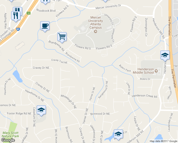 map of restaurants, bars, coffee shops, grocery stores, and more near 2836 Rangewood Terrace in Atlanta