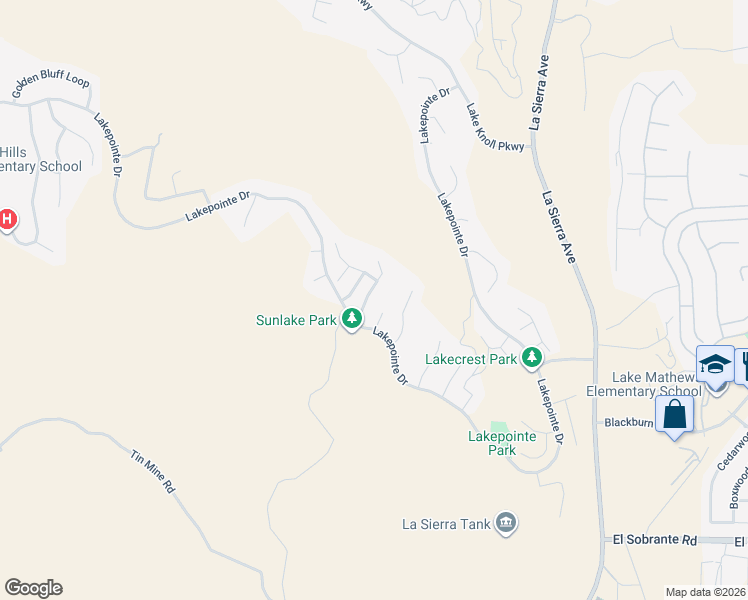 map of restaurants, bars, coffee shops, grocery stores, and more near 17384 Sun Lake Terrace in Riverside