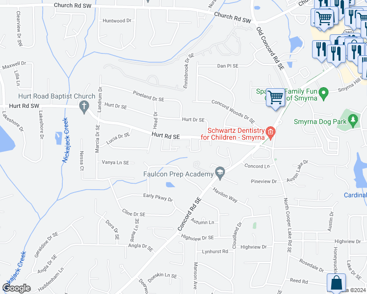 map of restaurants, bars, coffee shops, grocery stores, and more near 300 Hurt Road Southeast in Smyrna