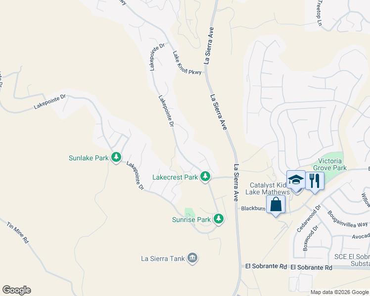 map of restaurants, bars, coffee shops, grocery stores, and more near 17358 Cold Spring Circle in Riverside