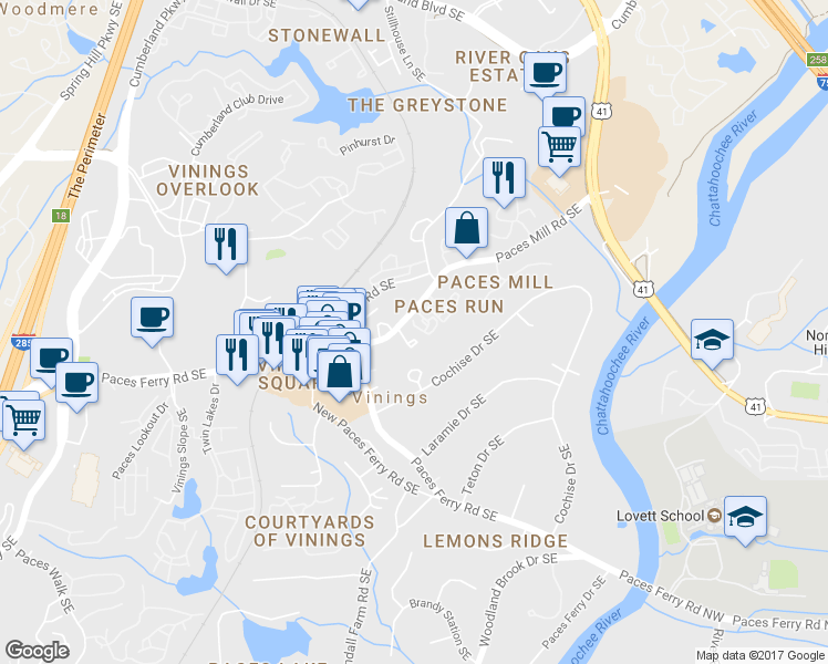 map of restaurants, bars, coffee shops, grocery stores, and more near 3585 Grove Gate Lane in Atlanta