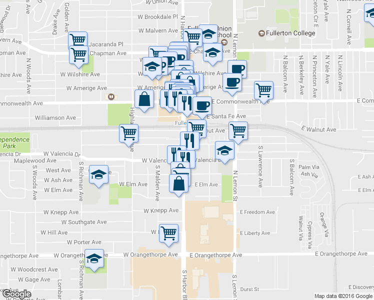 map of restaurants, bars, coffee shops, grocery stores, and more near 410A South Harbor Boulevard in Fullerton
