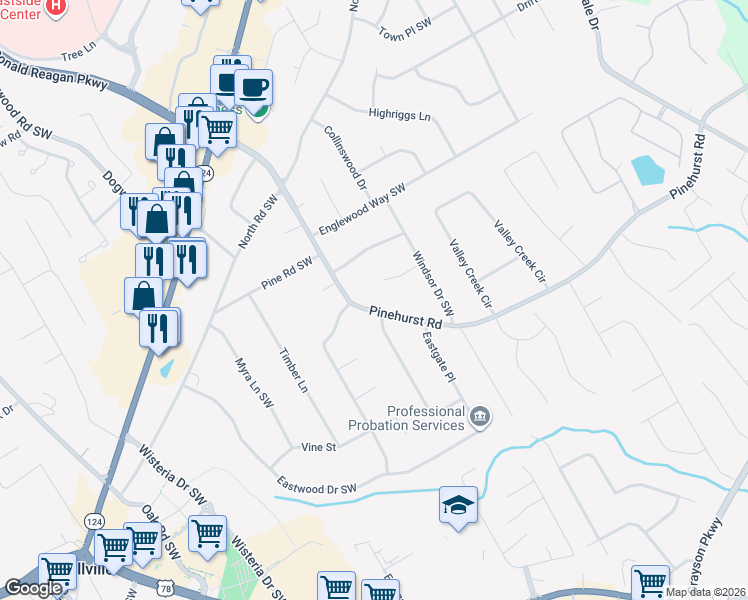 map of restaurants, bars, coffee shops, grocery stores, and more near 2089 Pinehurst Rd in Snellville