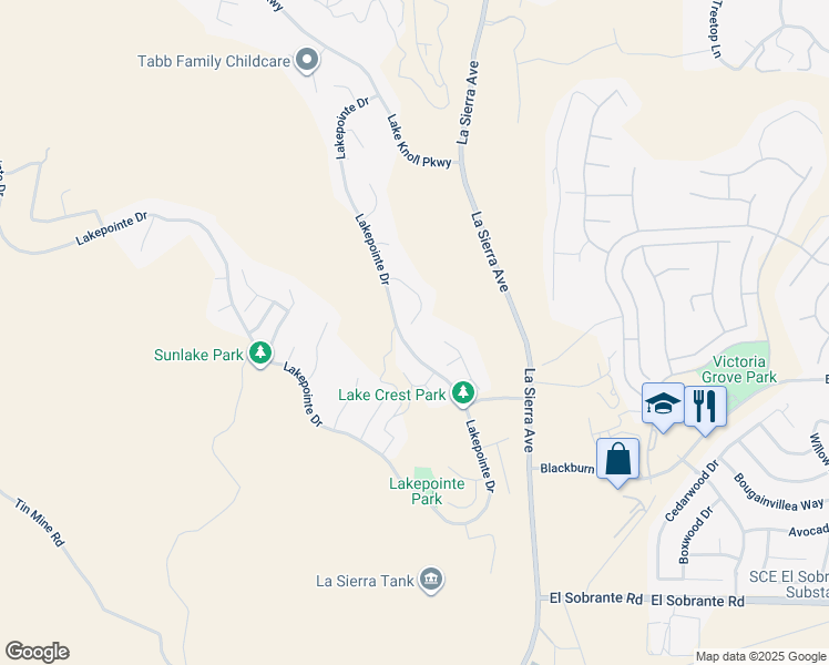 map of restaurants, bars, coffee shops, grocery stores, and more near 17358 Cold Spring Circle in Riverside