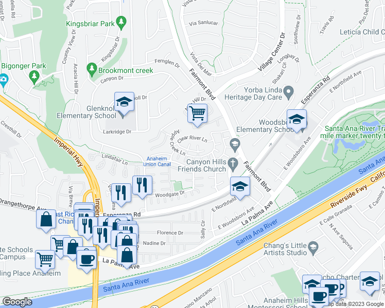 map of restaurants, bars, coffee shops, grocery stores, and more near 20158 Waverly Glen Street in Yorba Linda