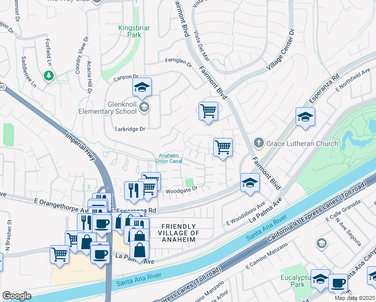 map of restaurants, bars, coffee shops, grocery stores, and more near 6443 Olive Branch Lane in Yorba Linda
