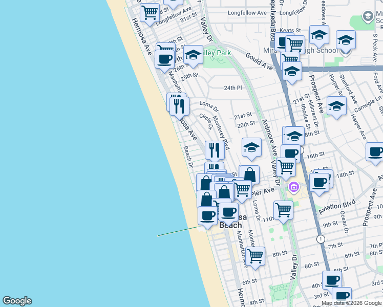 map of restaurants, bars, coffee shops, grocery stores, and more near 36 19th Street in Hermosa Beach