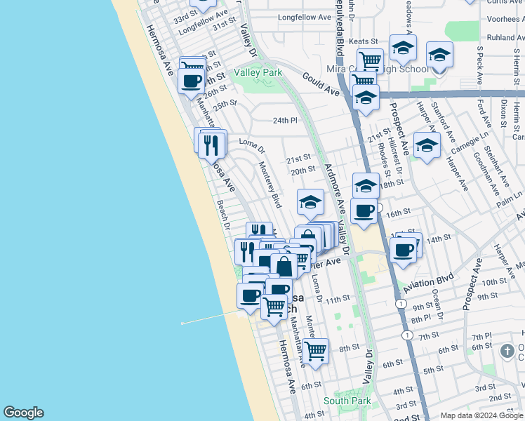 map of restaurants, bars, coffee shops, grocery stores, and more near 1839 Manhattan Avenue in Hermosa Beach