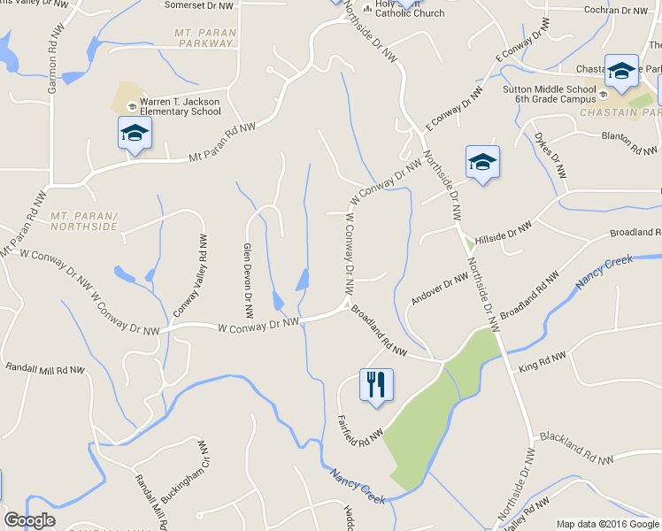 map of restaurants, bars, coffee shops, grocery stores, and more near 725 West Conway Drive Northwest in Atlanta