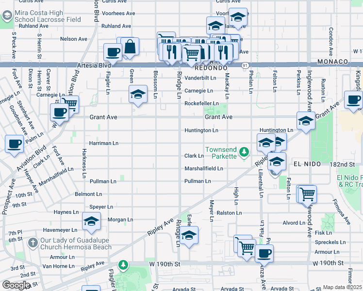 map of restaurants, bars, coffee shops, grocery stores, and more near 2200 Harriman Lane in Redondo Beach
