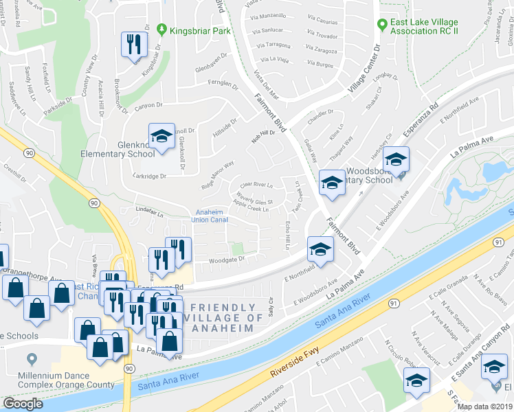 map of restaurants, bars, coffee shops, grocery stores, and more near 20180 Waverly Glen Street in Yorba Linda