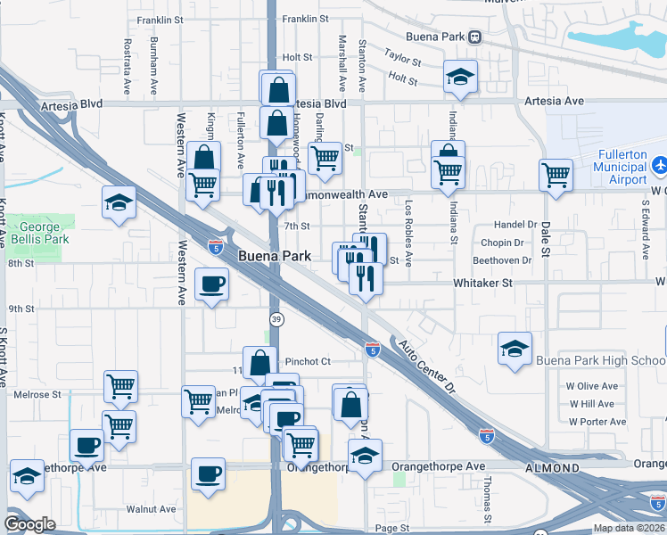 map of restaurants, bars, coffee shops, grocery stores, and more near 7892 8th Street in Buena Park