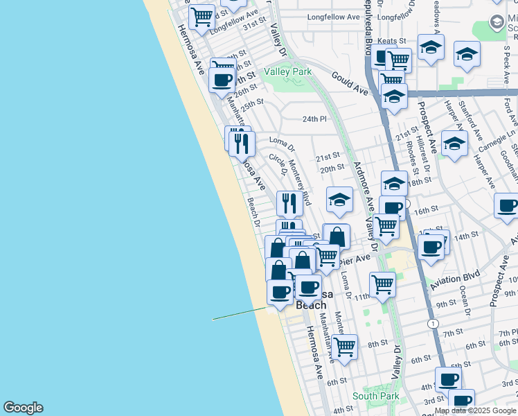 map of restaurants, bars, coffee shops, grocery stores, and more near in Hermosa Beach
