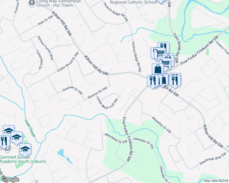 map of restaurants, bars, coffee shops, grocery stores, and more near 4245 Cedar Bluff Way Southwest in Lilburn
