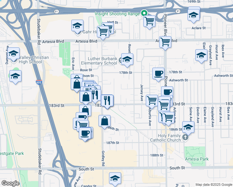 map of restaurants, bars, coffee shops, grocery stores, and more near 18018 Summer Avenue in Artesia