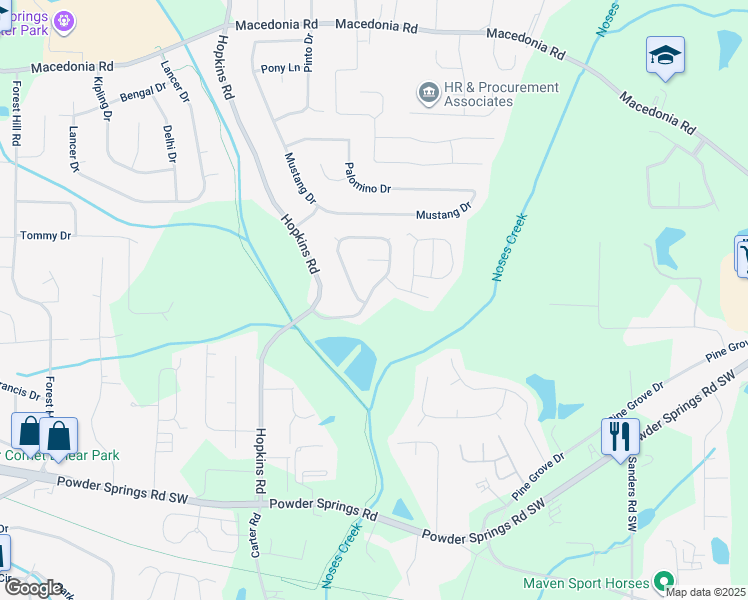 map of restaurants, bars, coffee shops, grocery stores, and more near 3520 Hopkins Court in Powder Springs