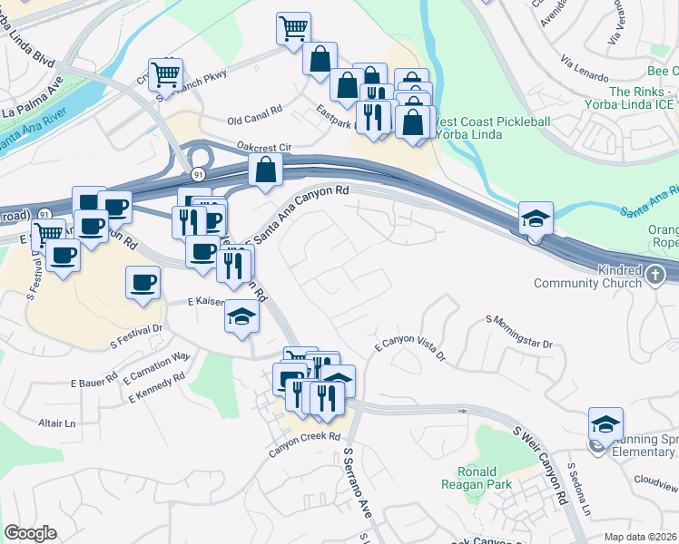 map of restaurants, bars, coffee shops, grocery stores, and more near 205 South Kirkwood Circle in Anaheim