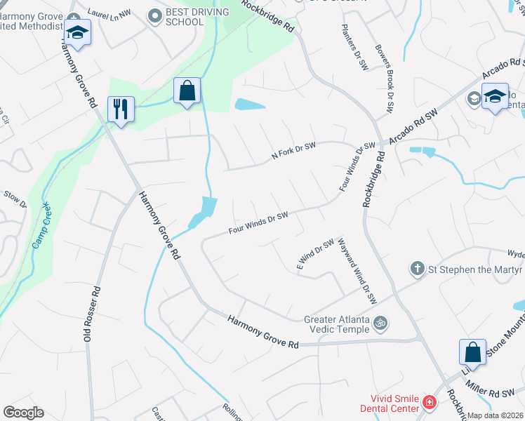 map of restaurants, bars, coffee shops, grocery stores, and more near 224 Windy Court Southwest in Lilburn
