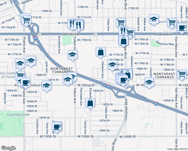 map of restaurants, bars, coffee shops, grocery stores, and more near 18038 Ermanita Avenue in Torrance